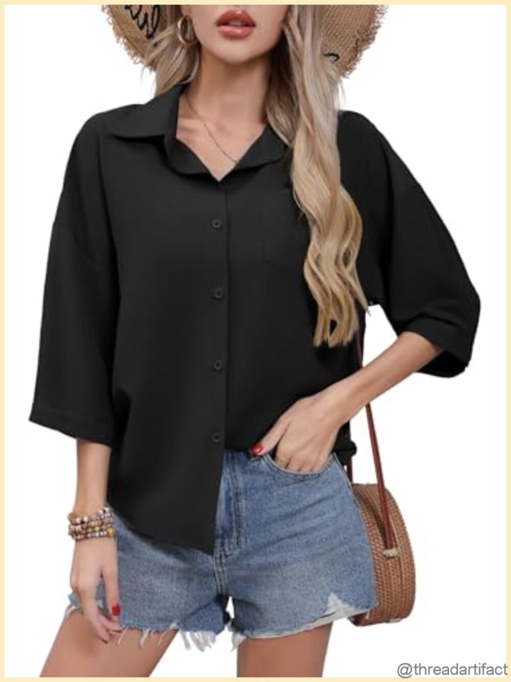Women's 3/4 Sleeve Button Down Blouse Collared Work Shirt with Pocket